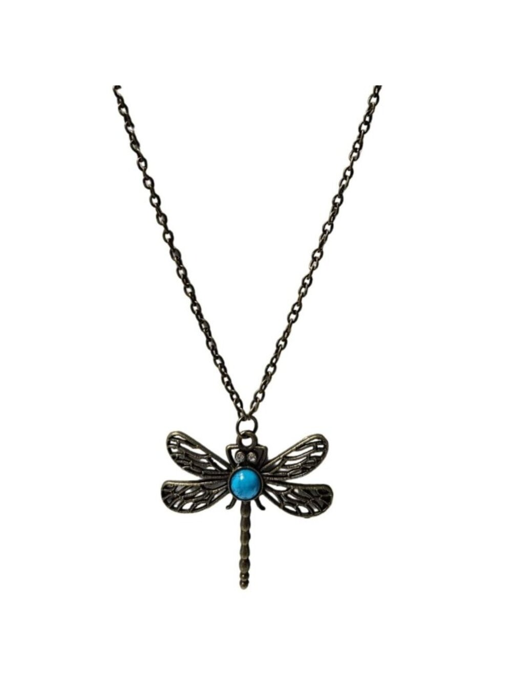 Dragonfly Pendant Necklace Turquoise Blue Antiqued Bronze Filigree Whimsigoth